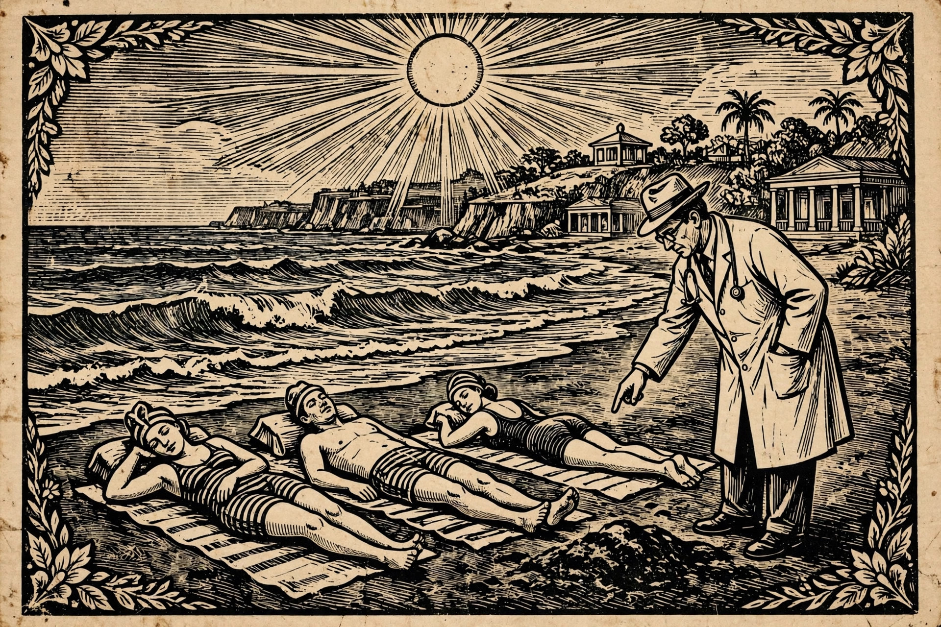 Ilustração em xilogravura de cordel: banhistas nas areias escuras com um médico apontando para a areia