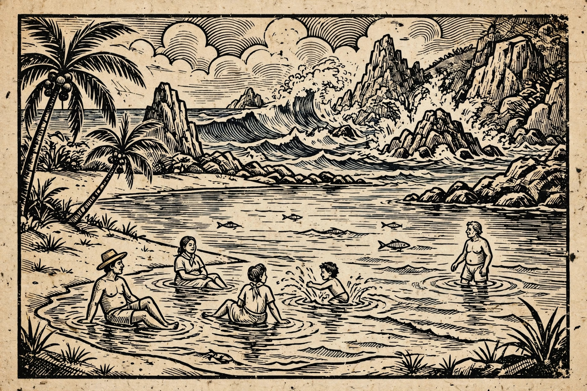 Ilustração em xilogravura de cordel: banhistas tranquilos na praia calma e rasa, mar forte ao fundo