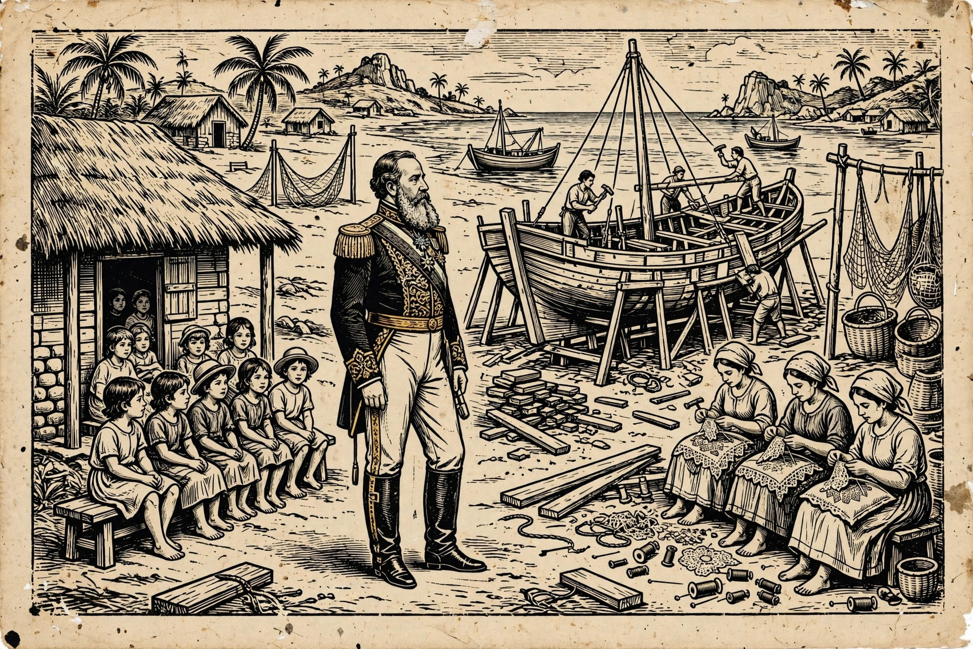 Ilustração em xilogravura de cordel: D. Pedro II visitando a vila, com escola, estaleiro e rendeiras