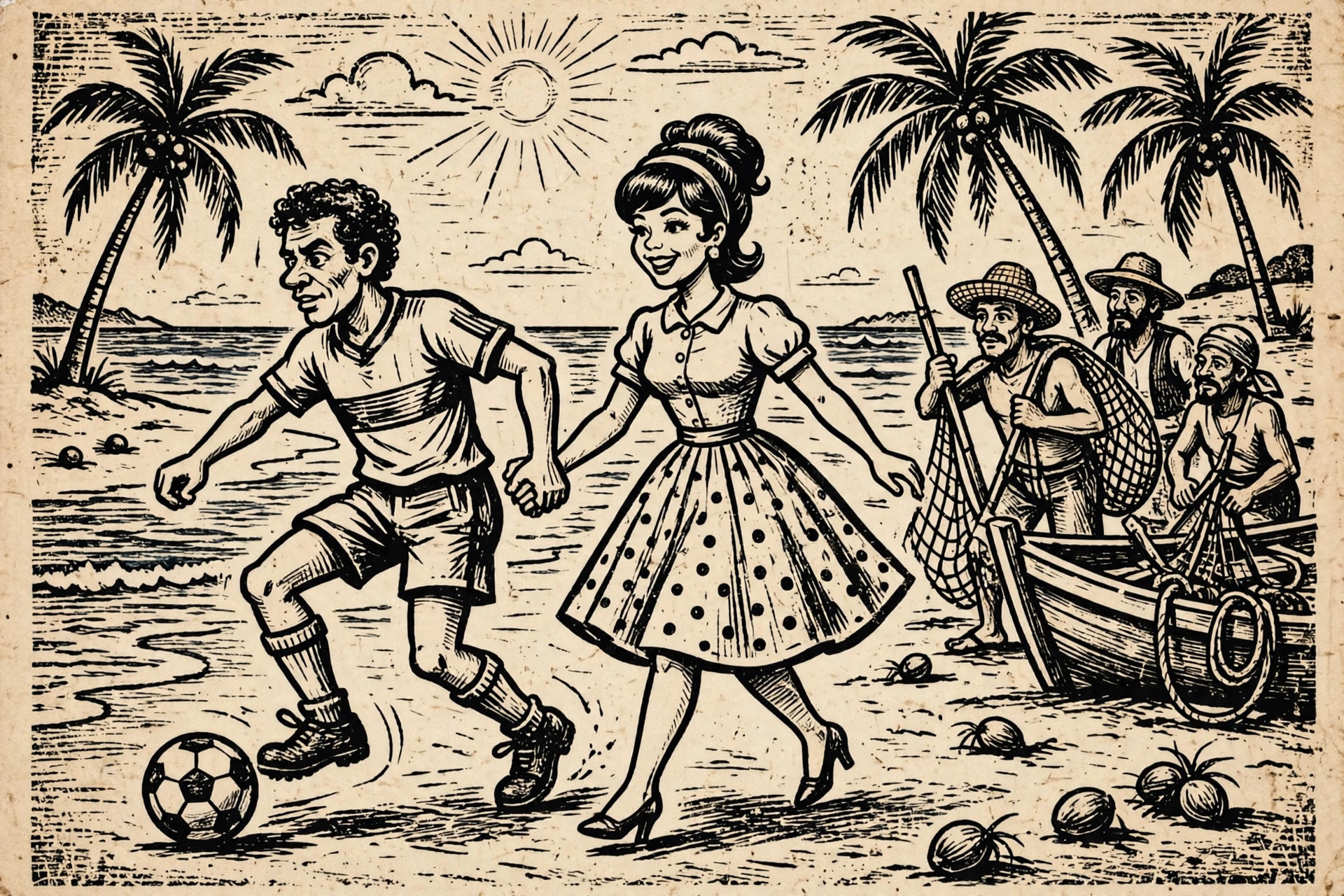 Ilustração em xilogravura de cordel: Garrincha com a bola e Elza Soares passeando pela praia