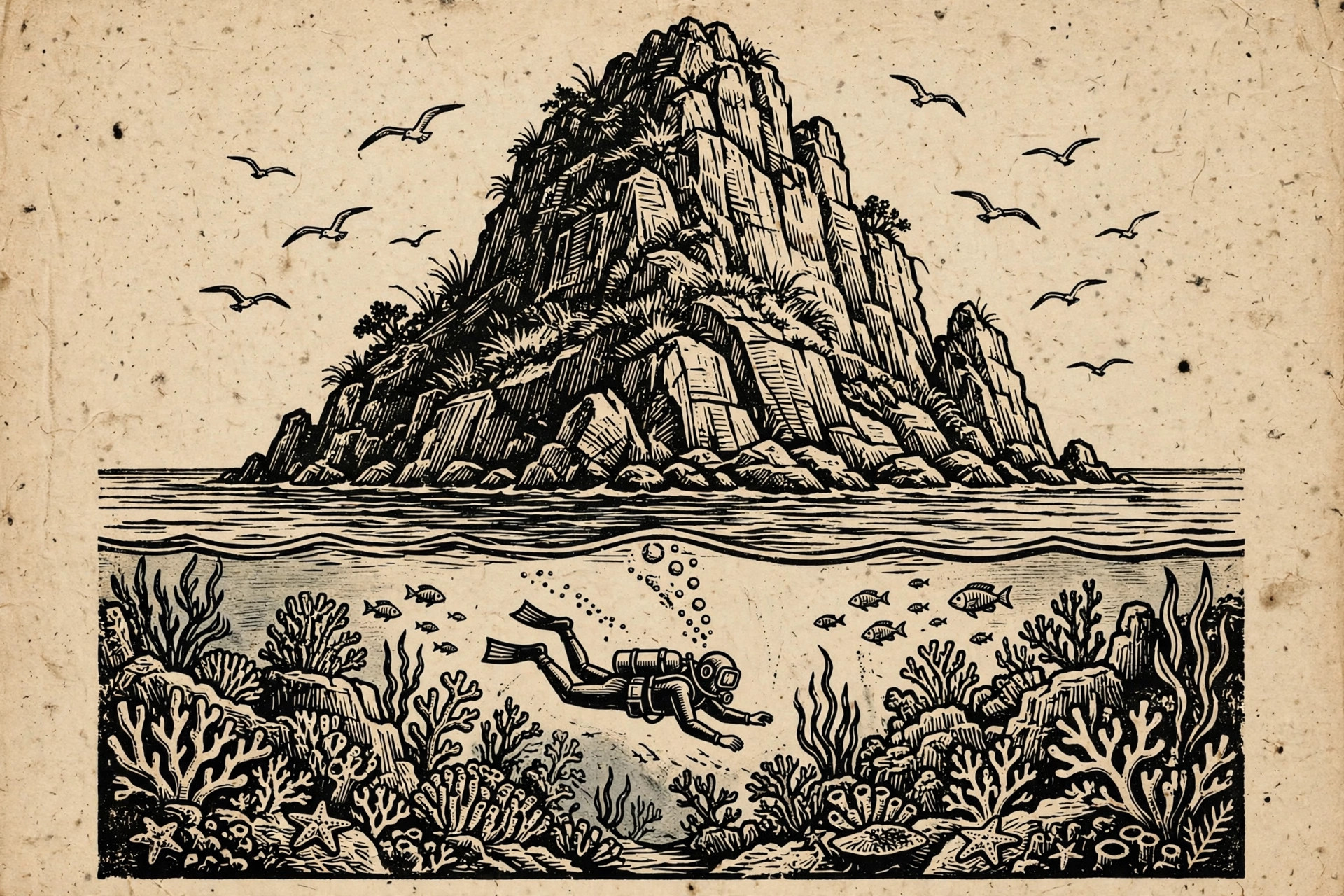 Ilustração em xilogravura de cordel: ilha rochosa íngreme subindo do mar com mergulhador nos recifes