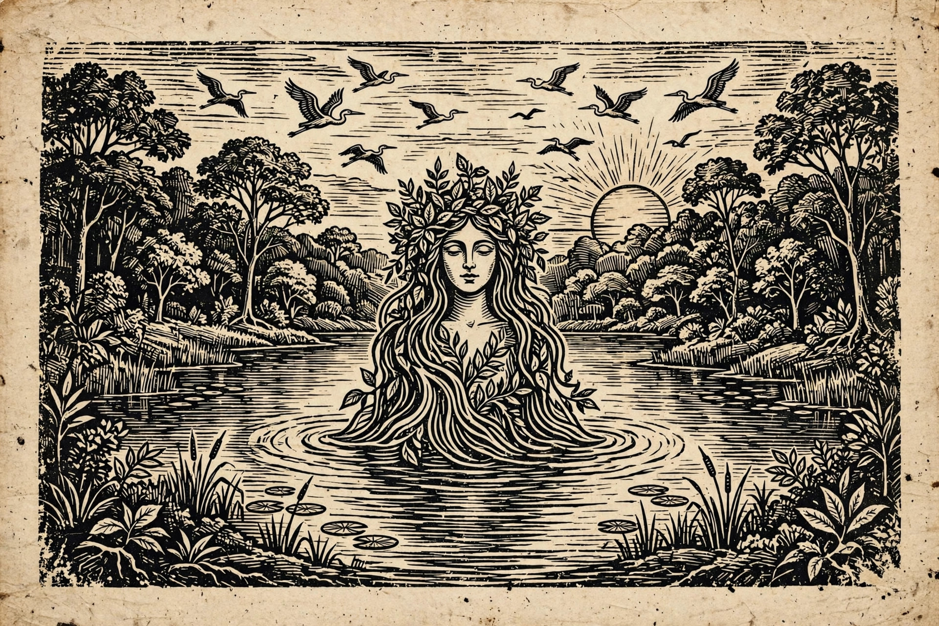 Ilustração em xilogravura de cordel: figura materna mística surgindo das águas da lagoa ao entardecer