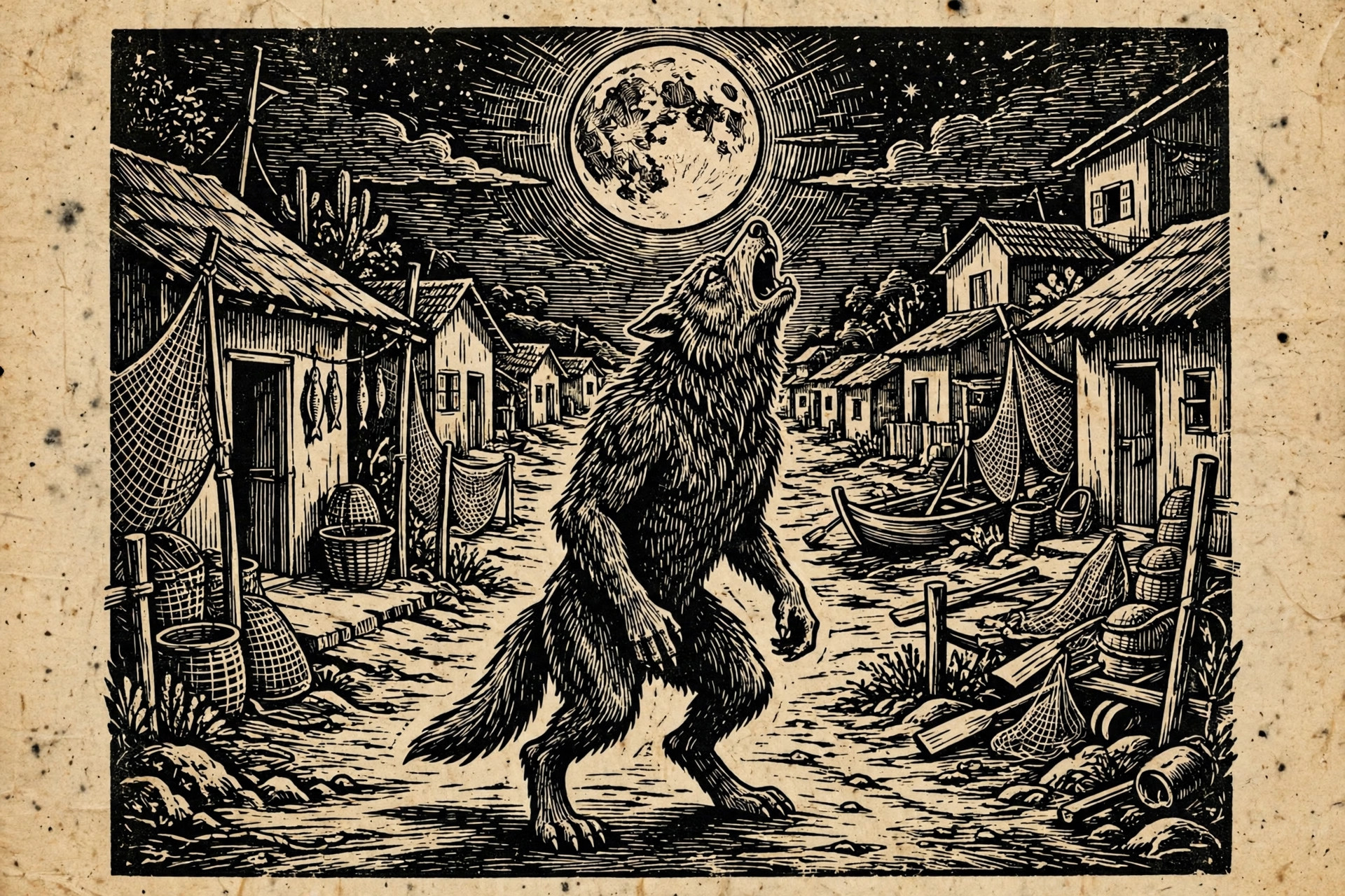 Ilustração em xilogravura de cordel: lobisomem uivando para a lua cheia numa vila de pescadores