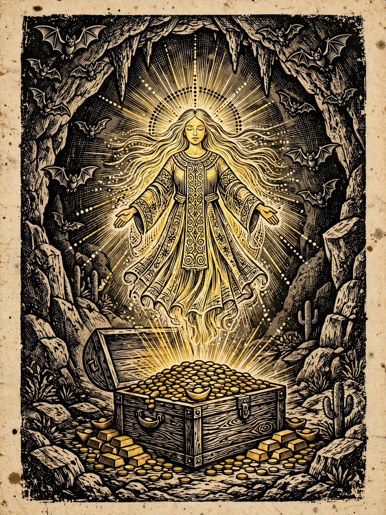 Ilustração em xilogravura de cordel: aparição dourada feminina guardando um baú de ouro na gruta