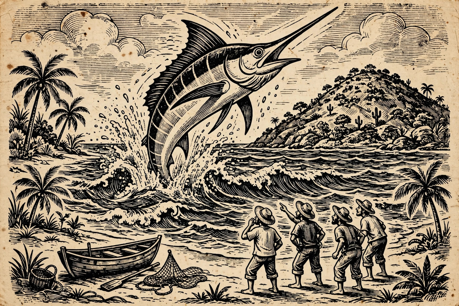 Ilustração em xilogravura de cordel: grande marlim azul saltando das ondas em frente à praia