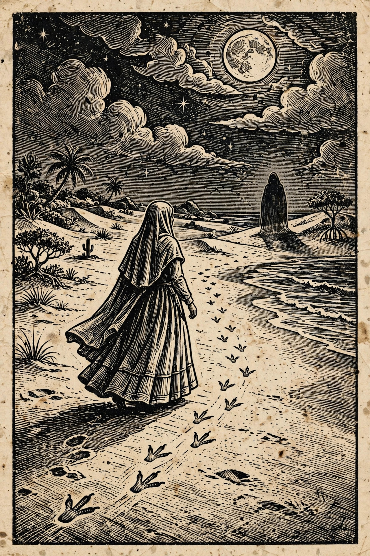 Ilustração em xilogravura de cordel: mulher misteriosa deixando rastros de pata de ave na areia