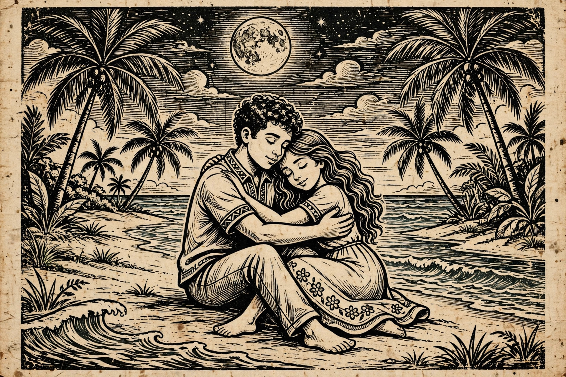 Ilustração em xilogravura de cordel: dois namorados abraçados numa praia romântica sob a lua cheia