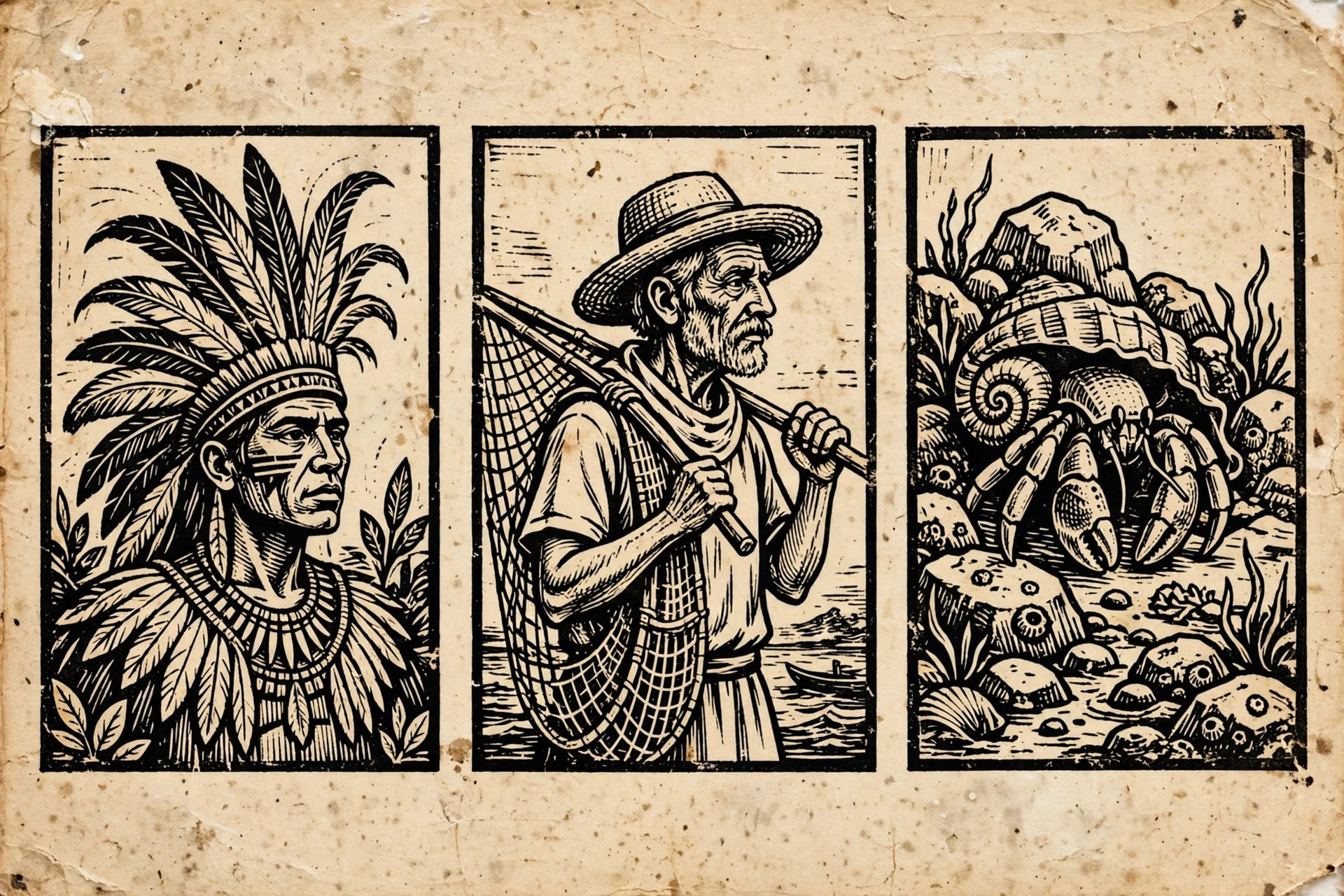Ilustração em xilogravura de cordel: chefe indígena, pescador antigo e caranguejo ermitão