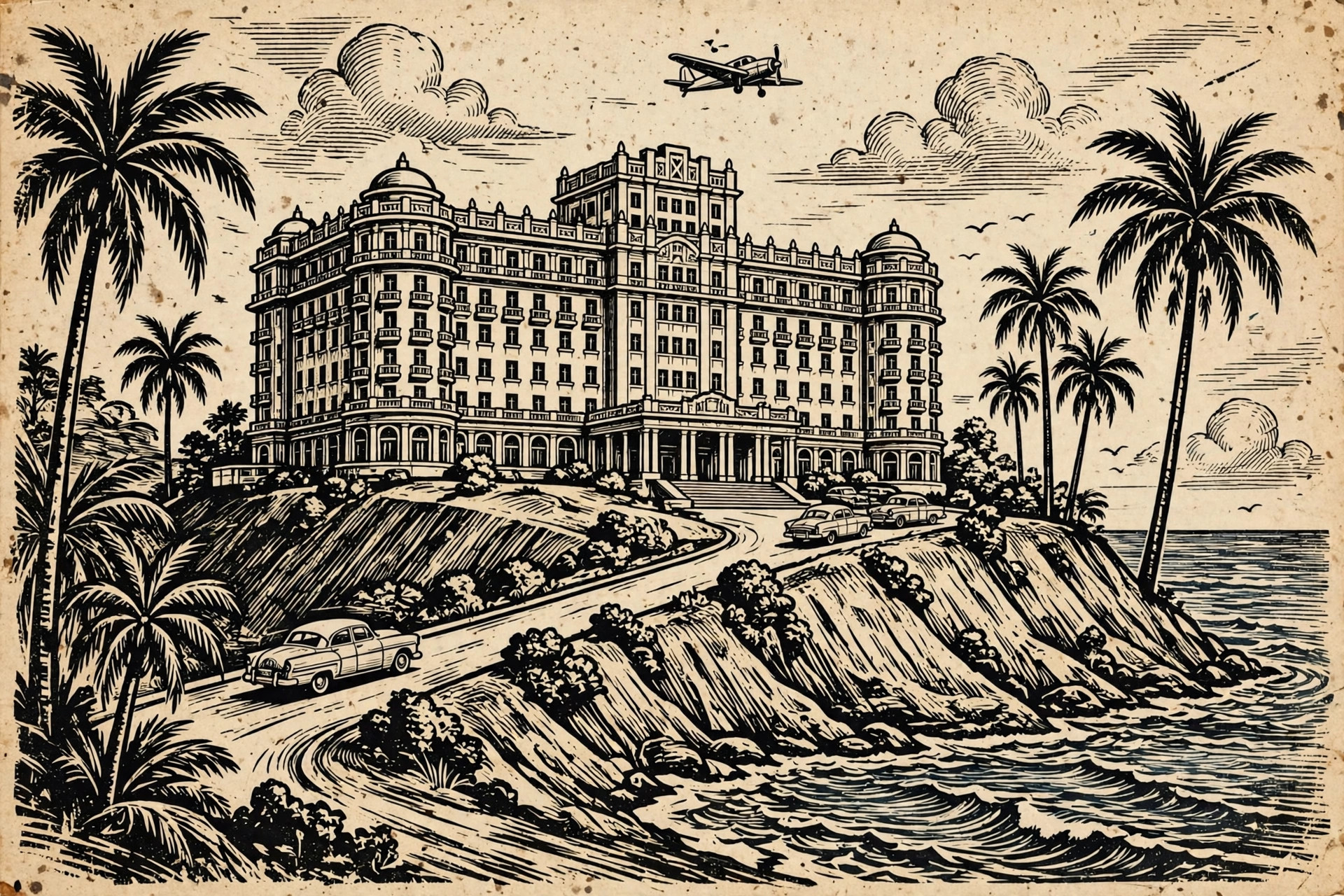 Ilustração em xilogravura de cordel: o Radium Hotel monumental sobre o morro em frente ao mar