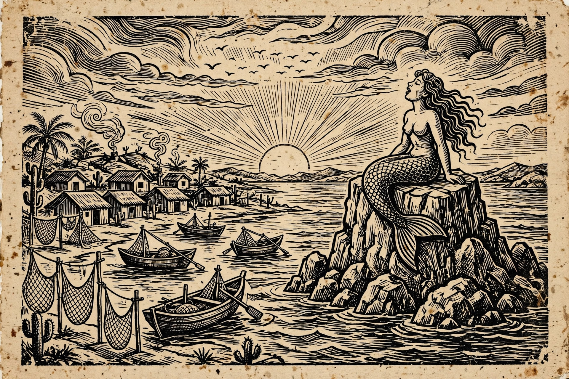 Ilustração em xilogravura de cordel: sereia cantando sobre o rochedo na vila de pescadores ao pôr do sol