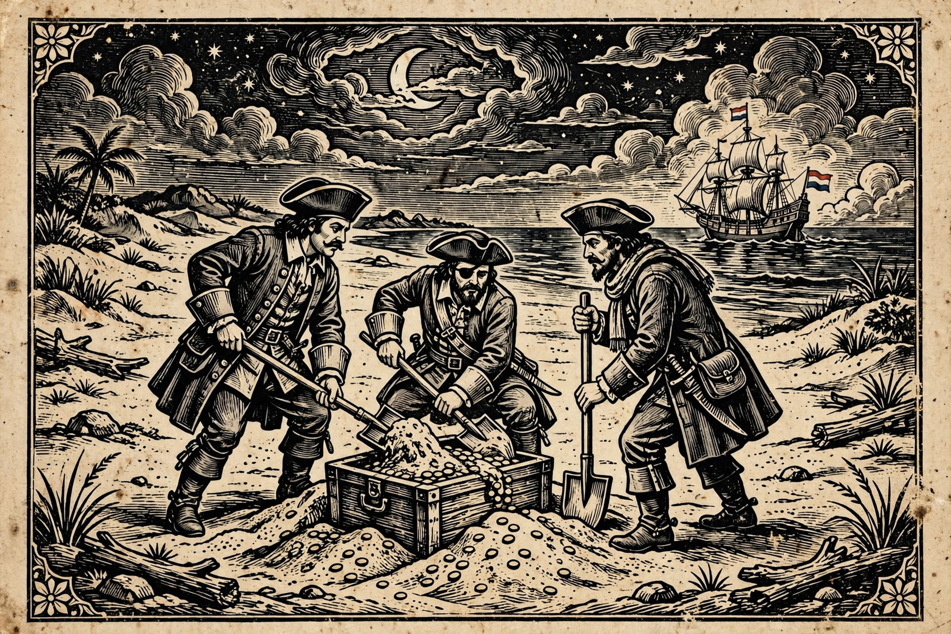 Ilustração em xilogravura de cordel: piratas holandeses enterrando um baú de tesouro na praia à noite