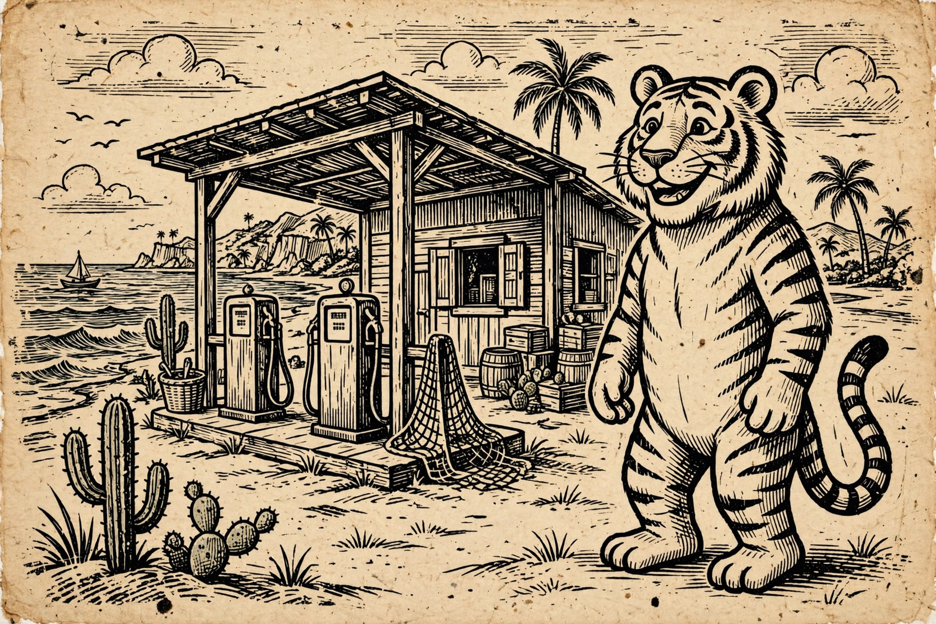 Ilustração em xilogravura de cordel: tigre simpático ao lado de um posto de gasolina à beira-mar