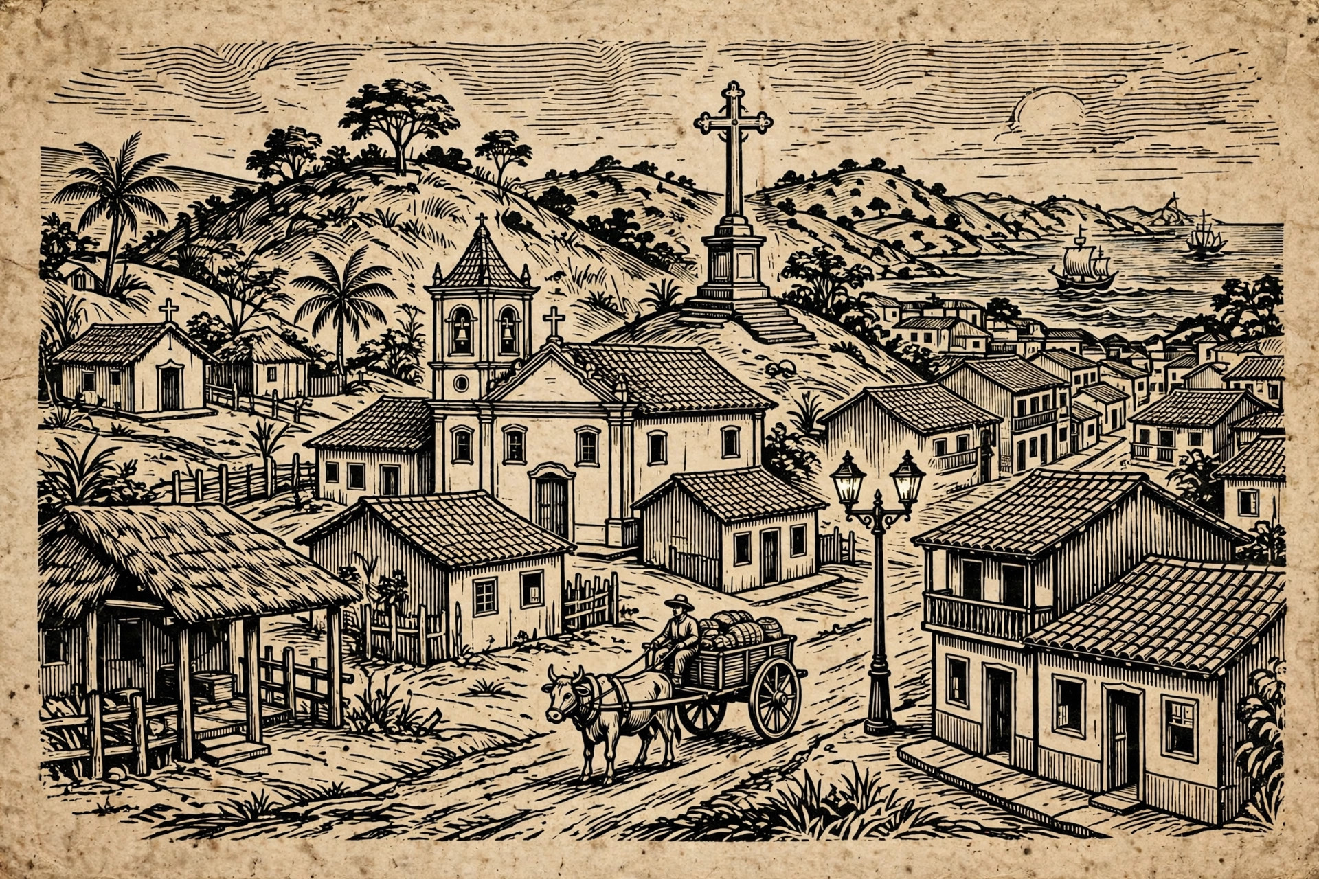Ilustração em xilogravura de cordel: casario colonial se transformando em cidade, com igreja matriz