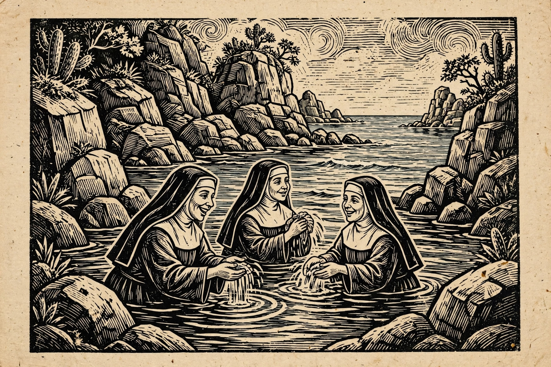 Ilustração em xilogravura de cordel: freiras se banhando discretas numa enseada escondida entre pedras