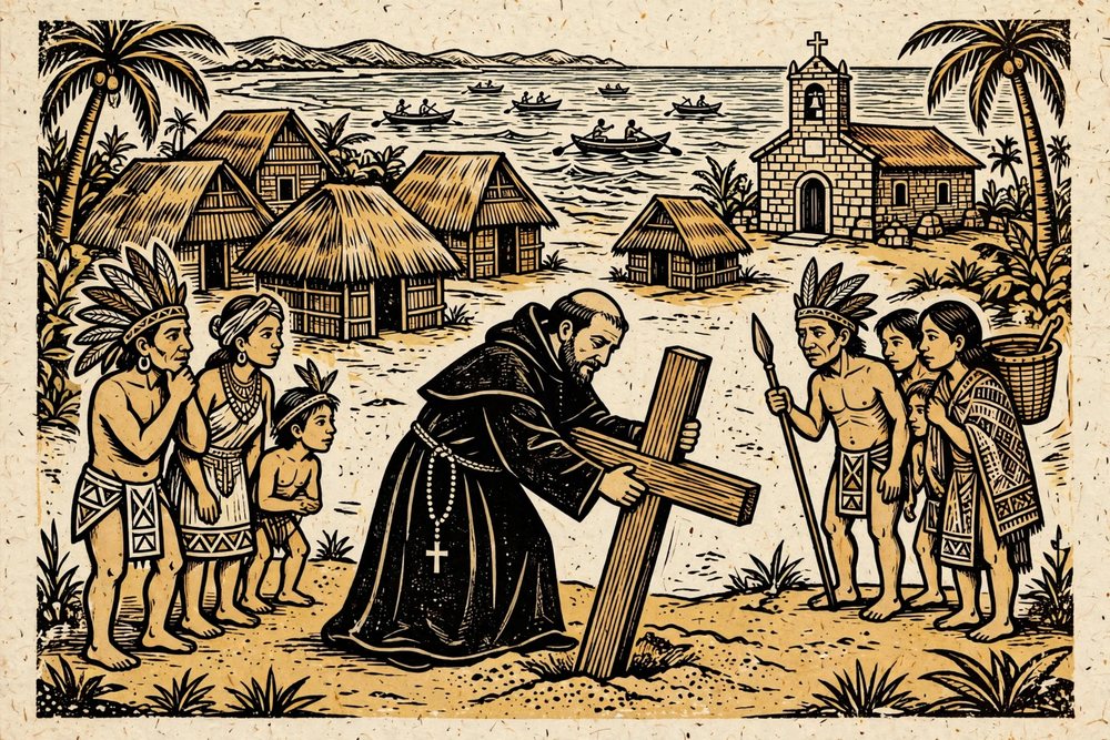 Ilustração em xilogravura de cordel: um padre planta uma cruz na aldeia em meio a índios e cabanas