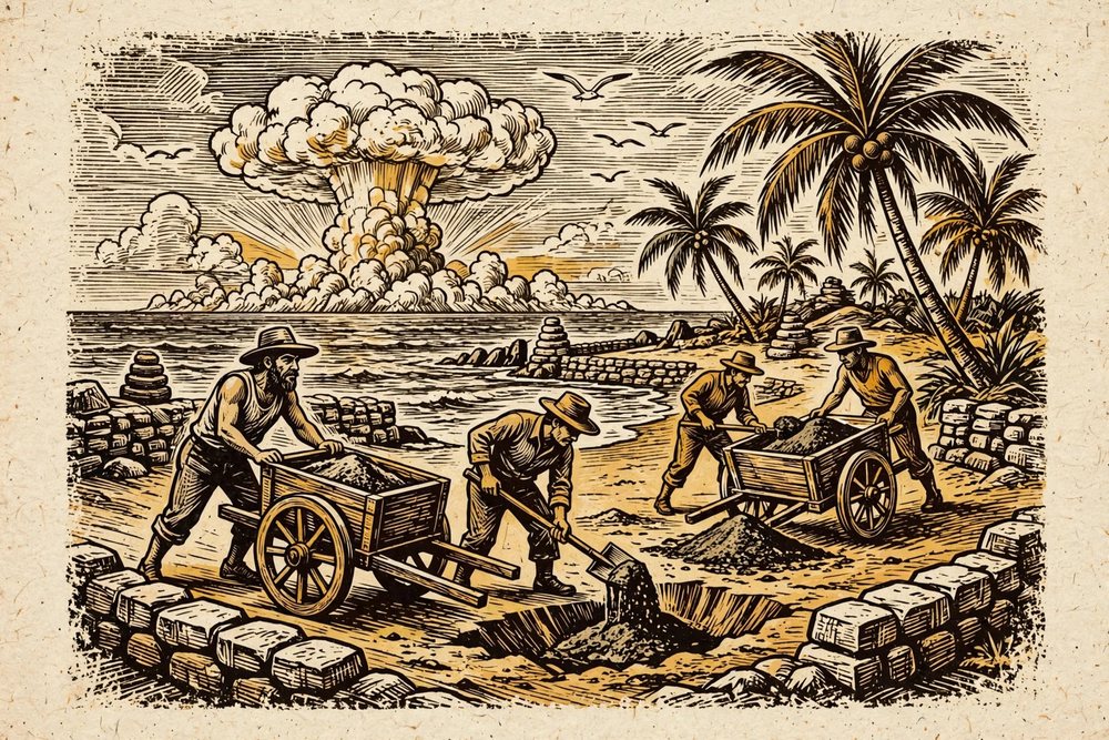 Ilustração em xilogravura de cordel: trabalhadores extraindo areia escura na praia, com um cogumelo de nuvem no horizonte