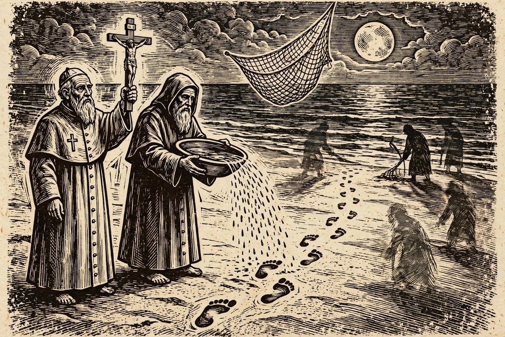 Ilustração em xilogravura de cordel: dois padres benzem uma praia escura, com pegadas aparecendo na areia