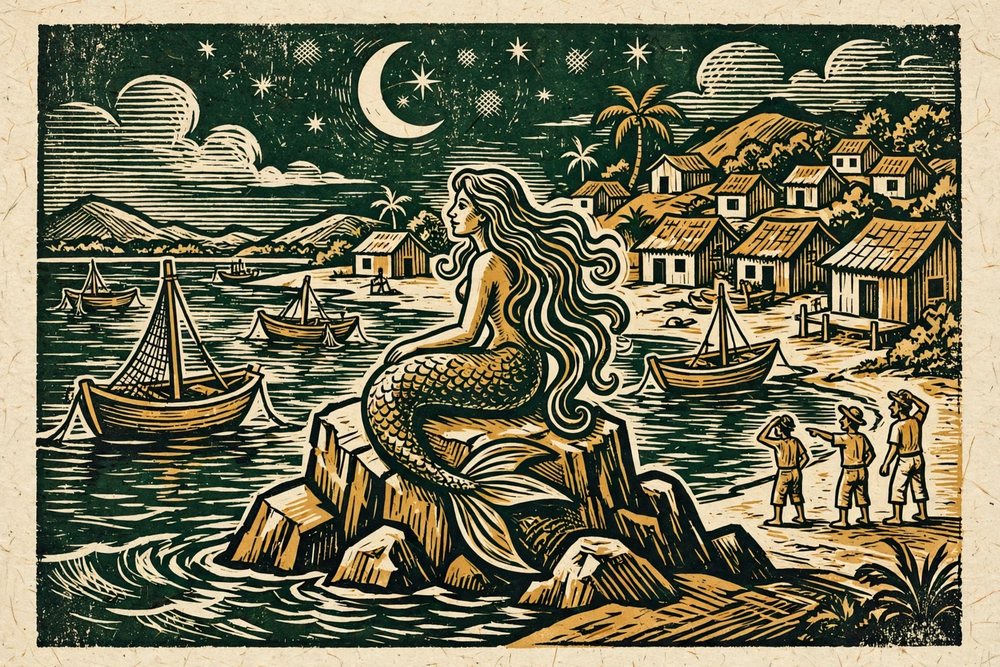 Ilustração em xilogravura de cordel: uma sereia sobre uma pedra numa praia vila de pescadores à noite