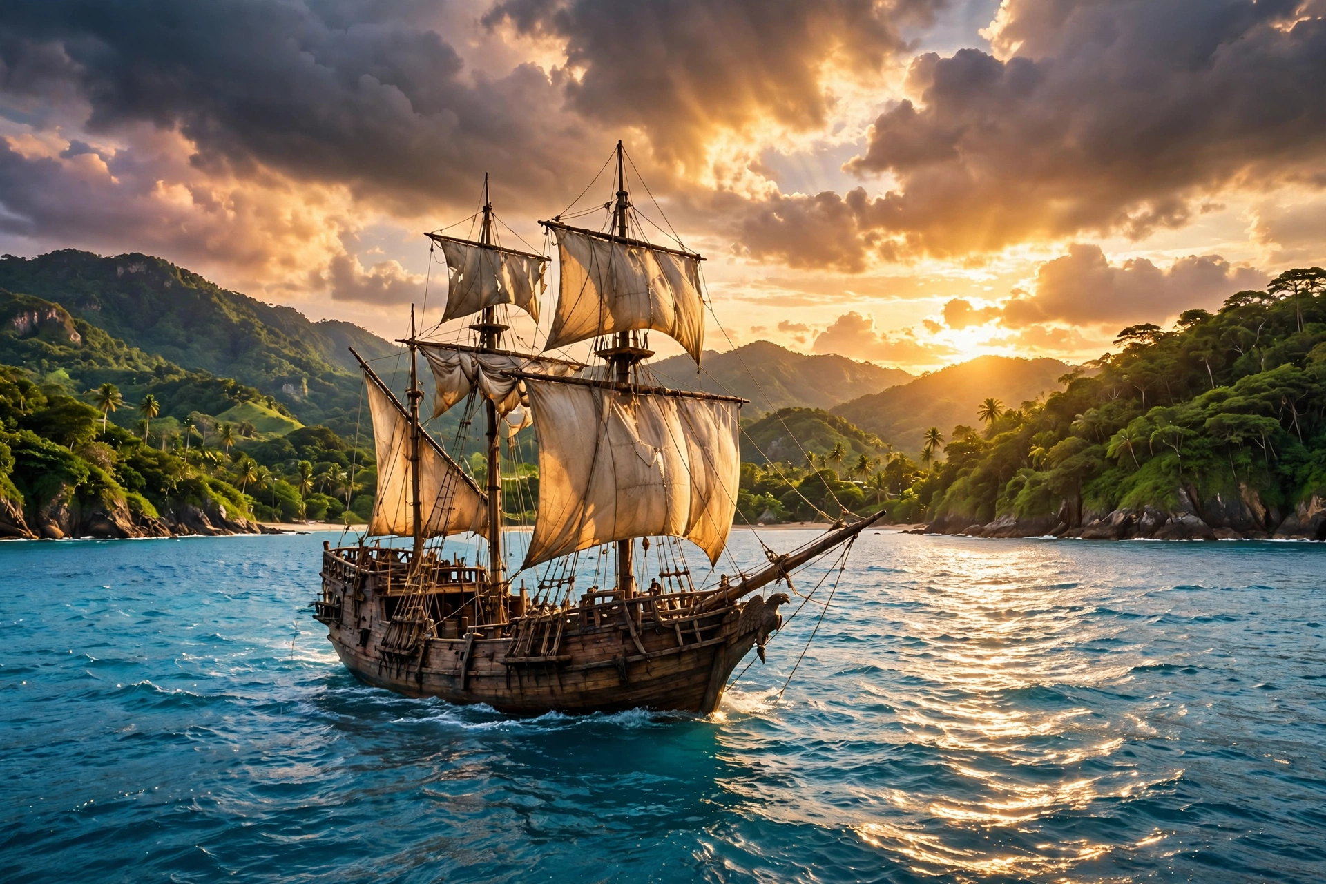 Navio pirata navegando ao pôr do sol em Guarapari